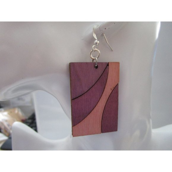 Pink and purple rectangle wooden earring - painted boho earrings stainless posts - Picture 8 of 8